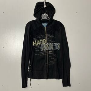 Vintage Y2K Hard Rock Cafe Embroidered Full Zip Black Sweater Women’s Size Large